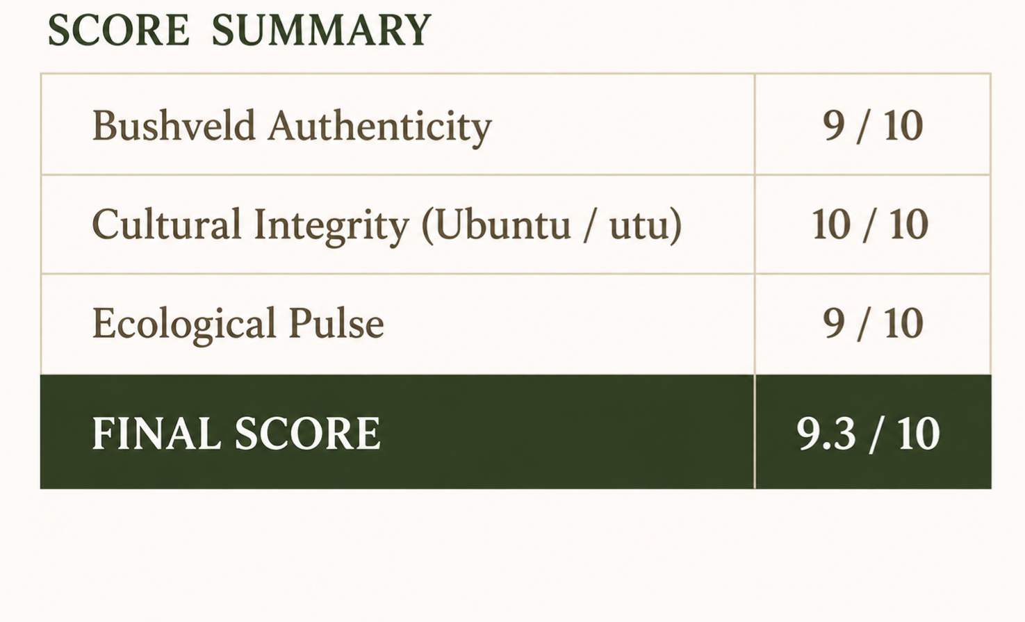 Final heritage assessment scale score table for Londolozi Granite Suites review