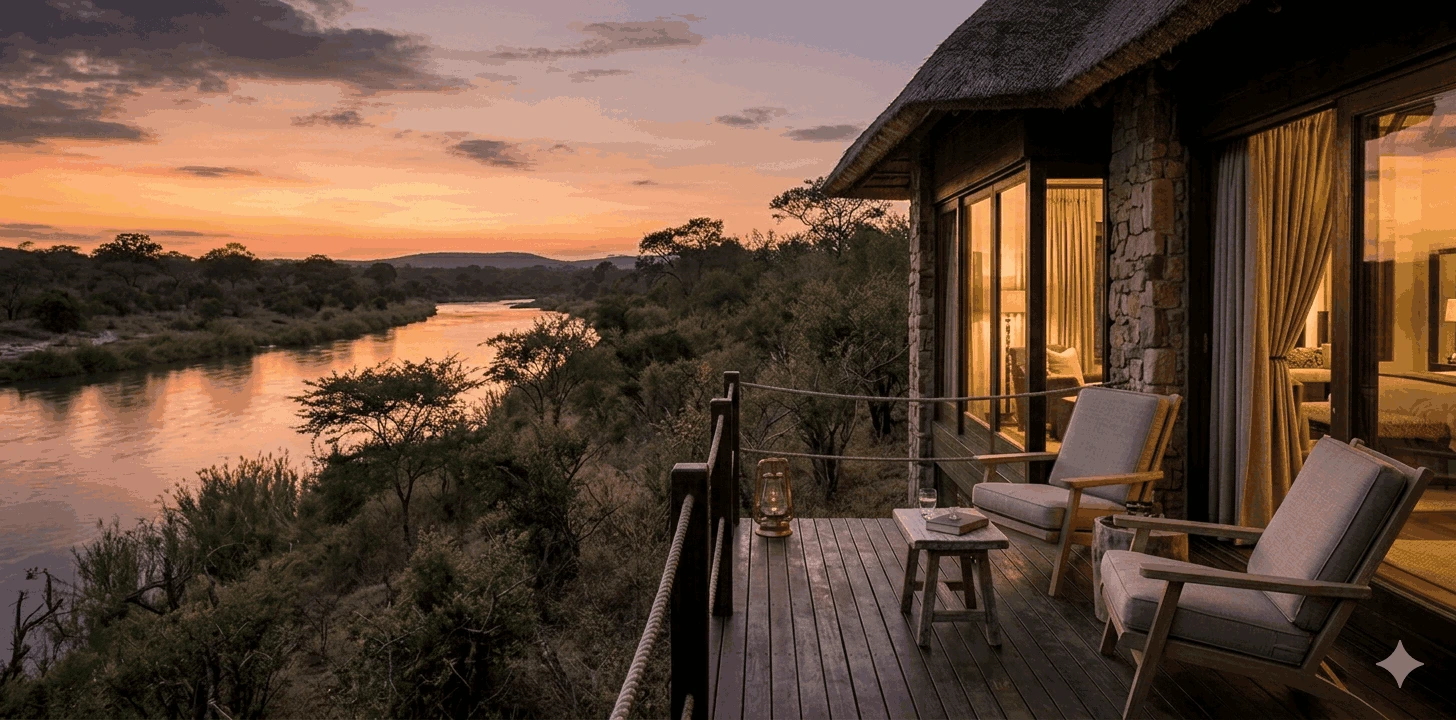 A Londolozi Private Granite Suite, overlooking the river and bush at sunset