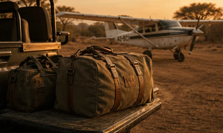 A luxury duffle bag ready to be loaded on a small plane at an African Airstrip