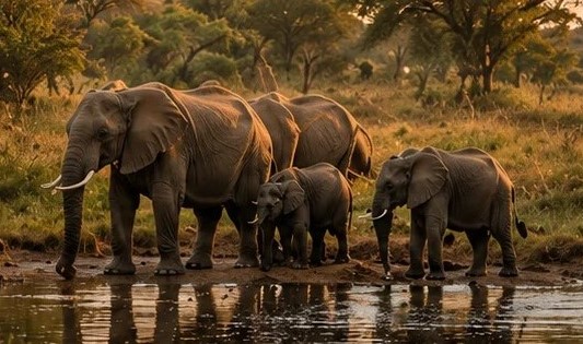 Stopping quietly to watch elephants drinking at a waterhole