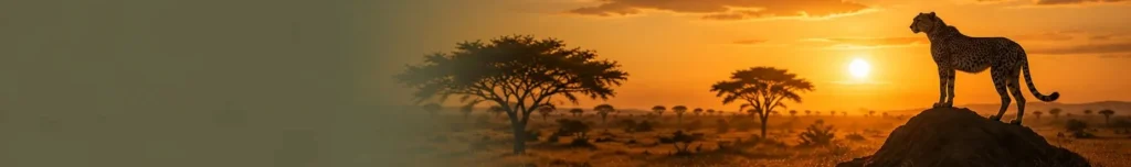 Mid image divider: A leopard on a mound at dawn, almost like a sentinel over the savannah