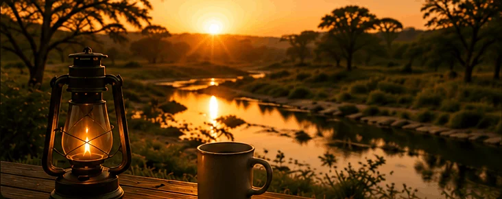 Dawn in the bush, overlooking a glisten river from a lodge deck with a lit oil lamp.