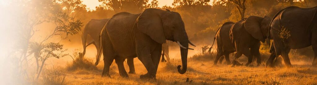 Early morning golden light through the mist,, elephants on the move in the bush