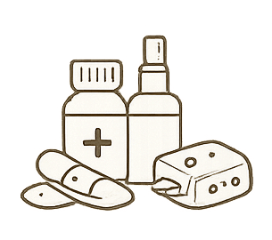 Health & Care: Basic first aid items, insect repellent, hand sanitiser, and personal medication