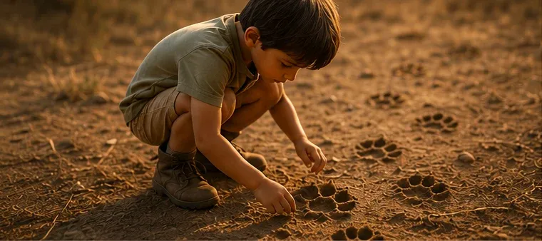 Introducing children to the bush. A boy examines a" big cat" trail
