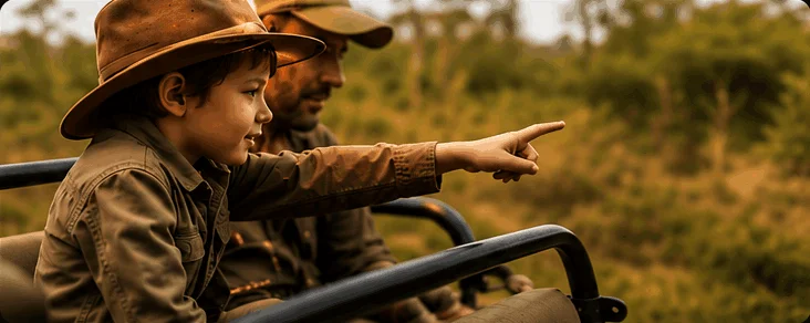 Introducing children to the bush - a man and boy in a safari vehicle, out on a drive