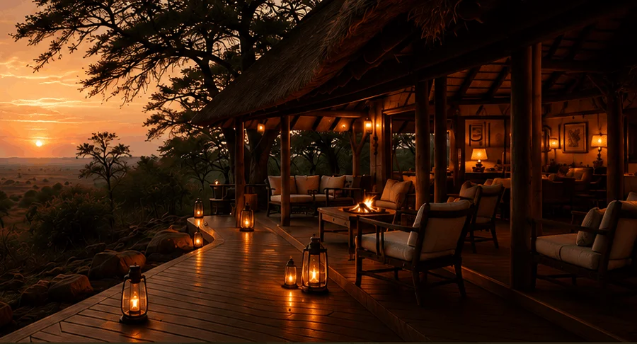 An ambient Safari Lodge lantern lit open lounge-to deck early evening scene.