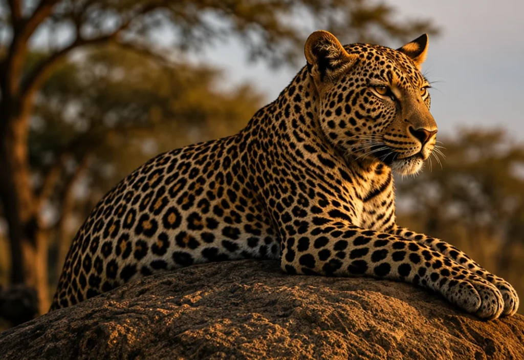 Leopard on a rock in the African wilderness