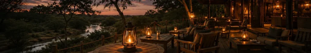 Luxury African Safari lodge reviews. An evening lodge deck setting overlooking a stream as the sun bathes the bush with it's golden light