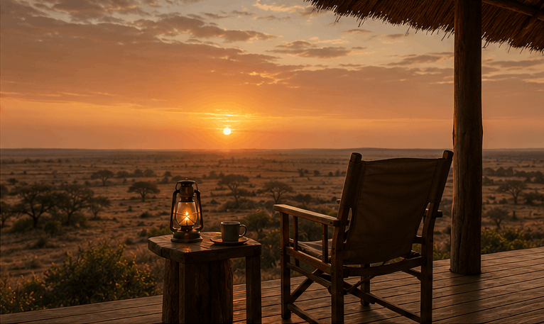 Peace of mind on an African safari. A scene with an empty foldable chair, with a side table with a a lit oil lamp on it. The sun sets over the view of the African plains