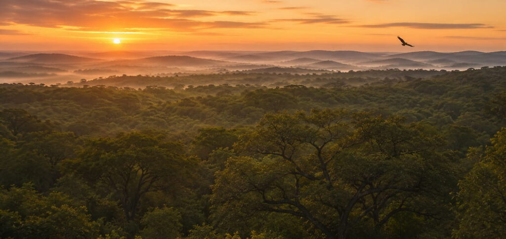 A Sand-forest dawn scene, with mist in the valleys. An eagle flies over in the distance..