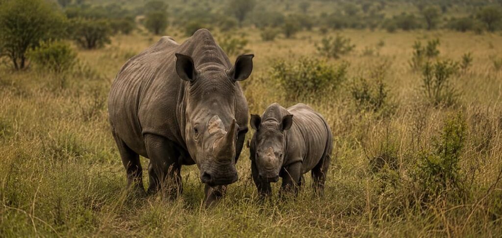 Conservation in KwaZulu-Natal: A Rhinoceros and calf in the Bush.