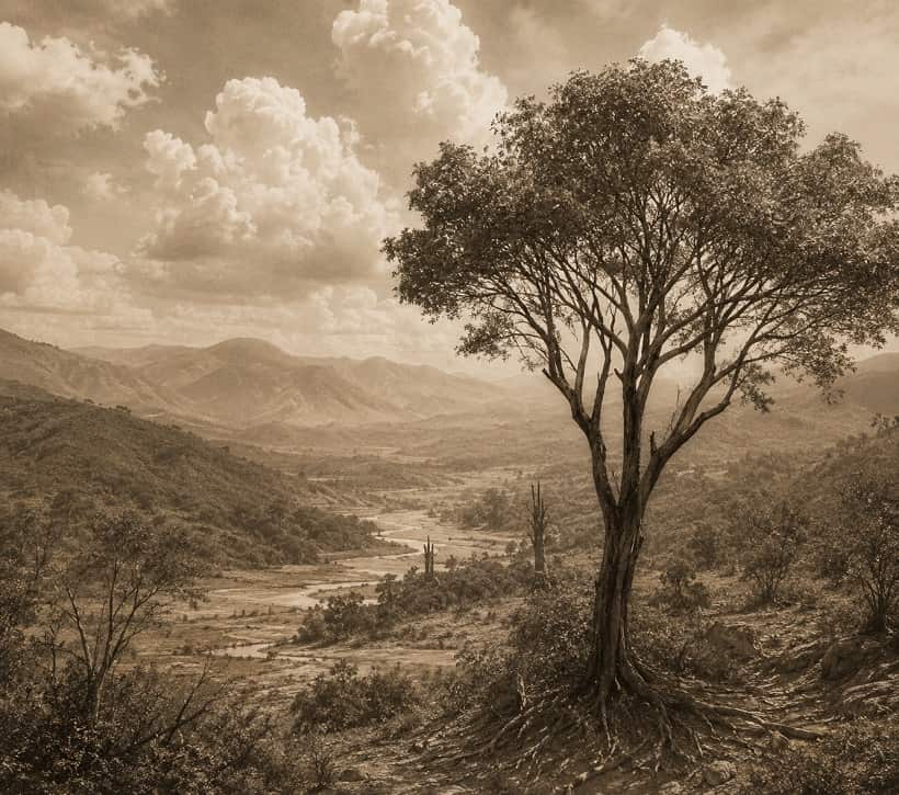 Rustic valley under dramatic skies