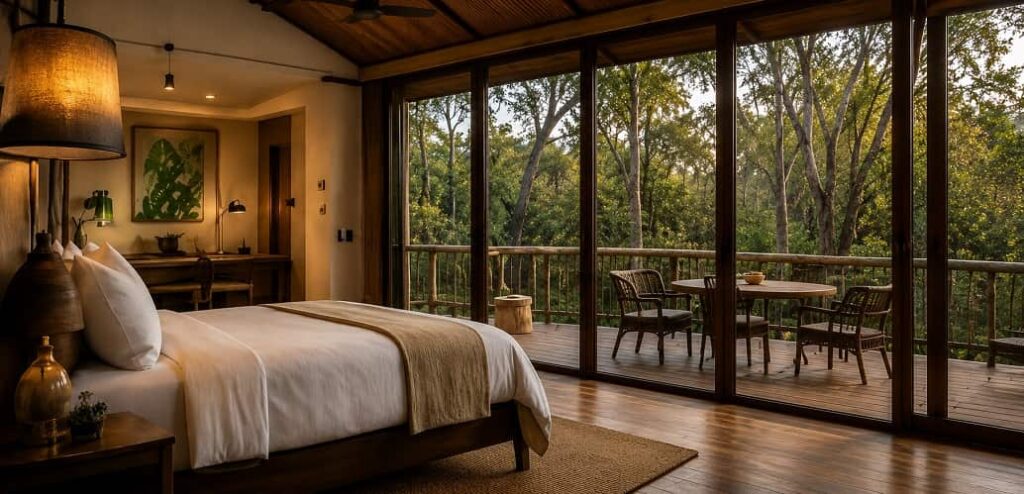 A suite at Phinda, looking through the glazed exterior into surrounding forest