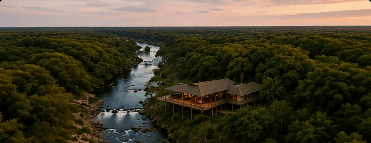 A safari lodge in a forest near a river. 