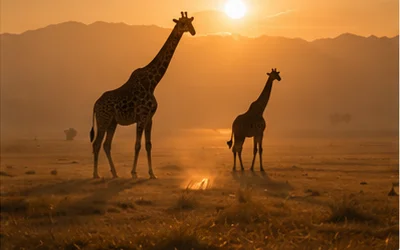 Giraffe moving at sunset across grassland against a backdrop of mountains,