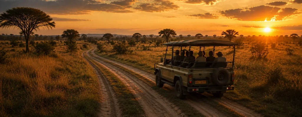Safari vehicle driving through African savannah - header image for the page topic: Why the slow safari matters