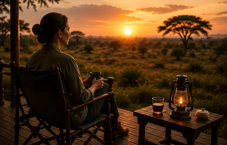 Relaxing in stillness, watching the dawn from a Safari Lodge deck.