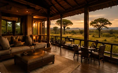 A beautiful open lounge to a lodge, leading onto a deck with views over the African Savannah.