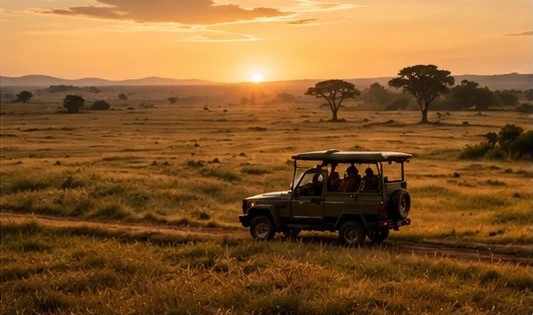 A dawn safari. A vehicle drives slowly with visitors across grassland