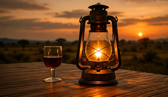 Lantern-lit safari deck beneath stars.
