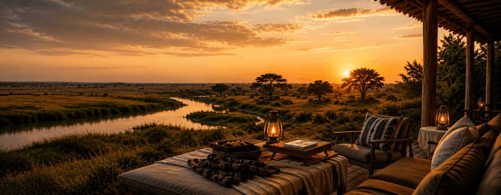 The hero section of the Africa Lodge Guide, shows a Golden Hour scene, reflections on a water stream amid plains and a Safari set-up won a deck, chairs, table containing a lit oils lamp, stand with journal. The title: The Curator - A thoughtful Guide to African Safari Lodges and meaningful travel in Africa
