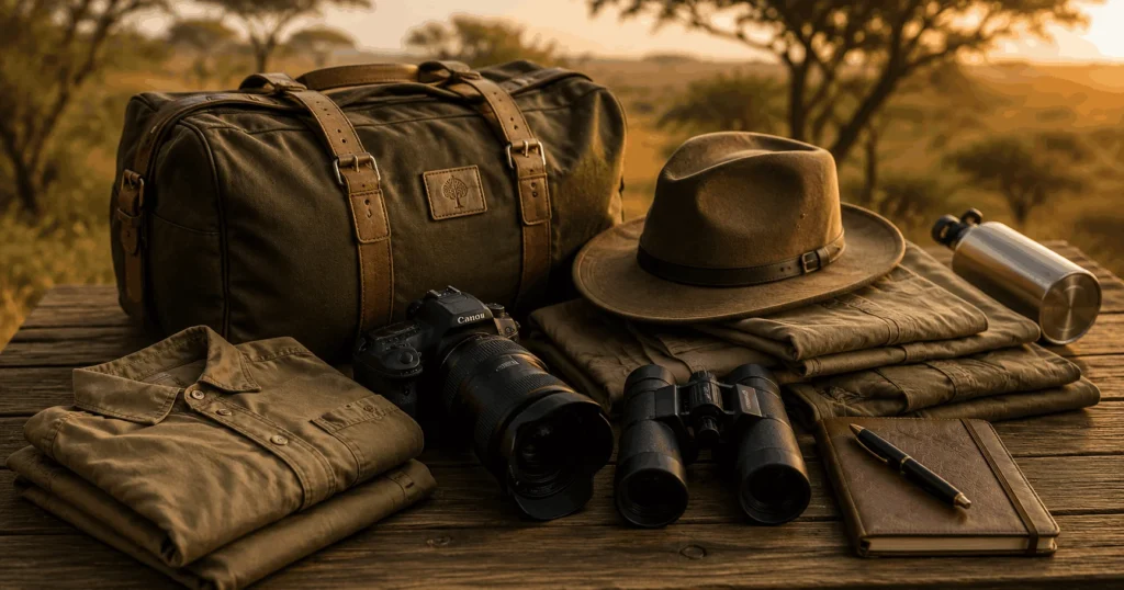 Safari packing guide: Essential Safari Kit displayed on a rustic oak table top