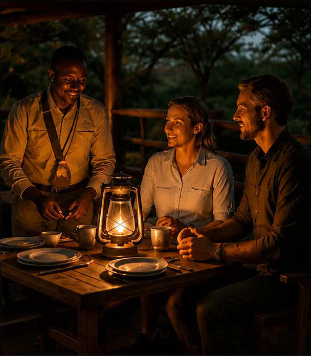 Lodge staff gathered beside a lantern-lit deck or around a warm fireside, sharing genuine conversation