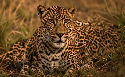 A leopard lying in the grass, watchfully, but serene.