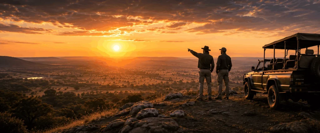 Africa Lodge Guide: Hero image that shows Two Rangers standing in front of a safari vehicle gazing over the sunrise engufing the African Plains below.