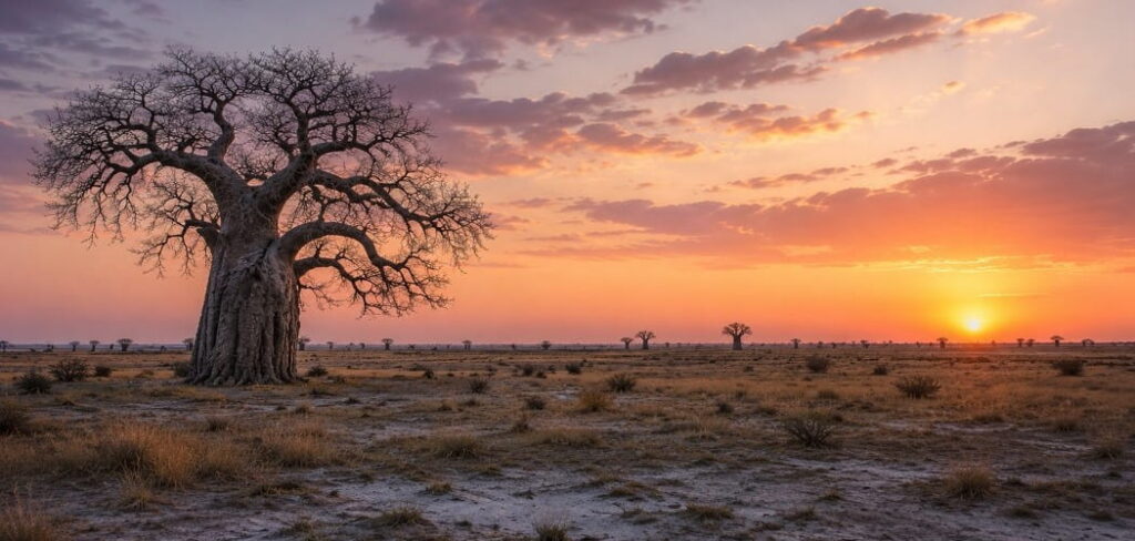 A serene Boabab tree at the edge of the Kalahari at sunset