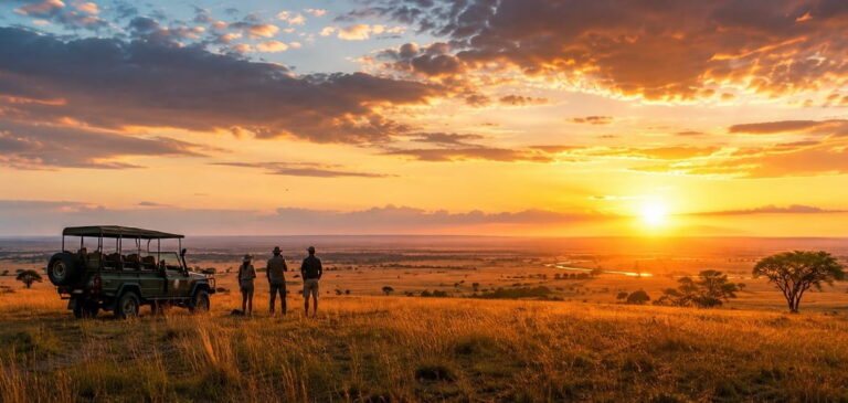 Safari at sunset in the savanna