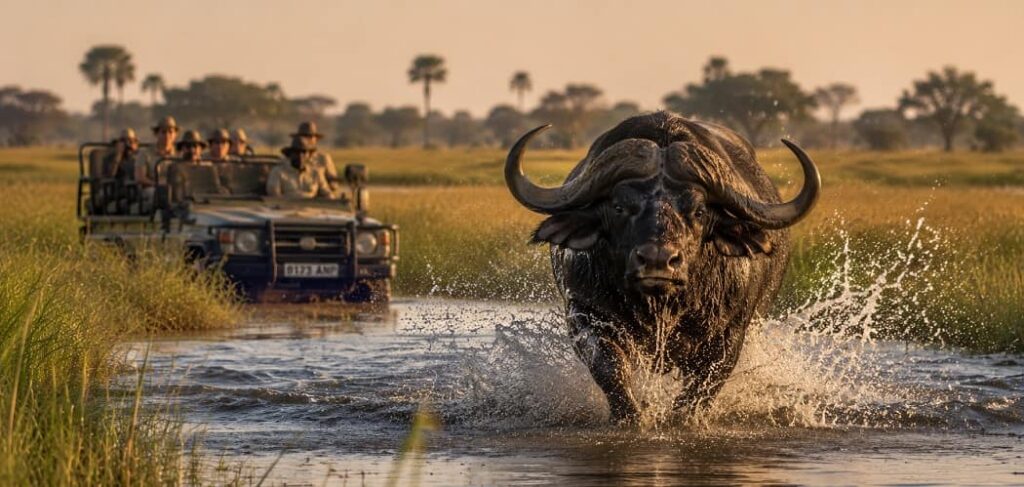 Buffalo charge in golden savanna light