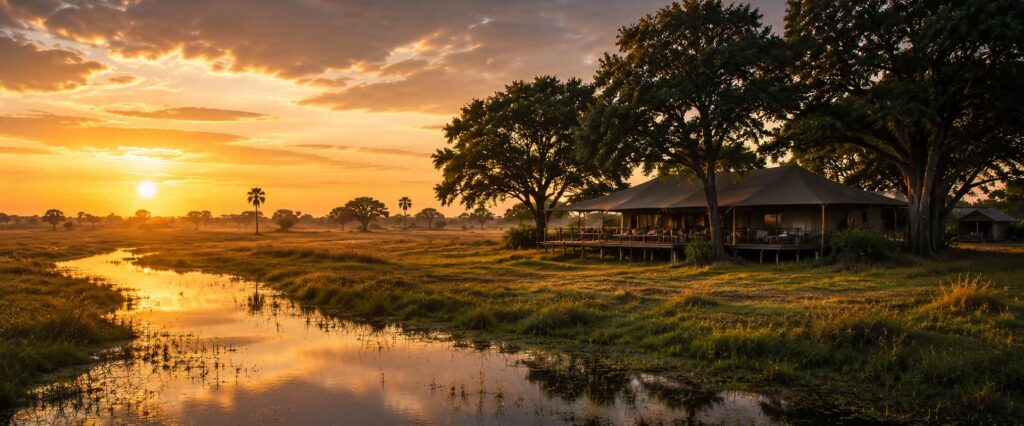 Duba Plains Camp Review: Tented lodge sheltered by trees, near an Okavango Channel.