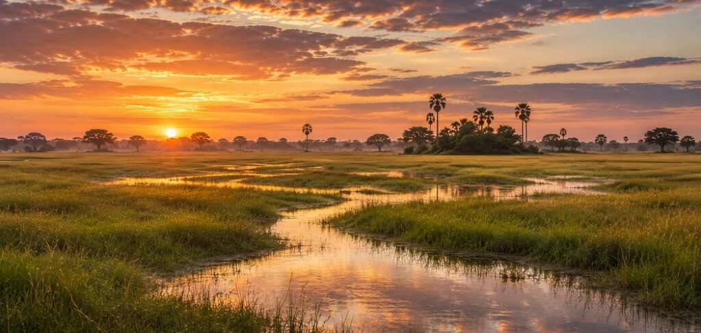 Okavango Delta, Botswana: Golden hour over marshland reflections