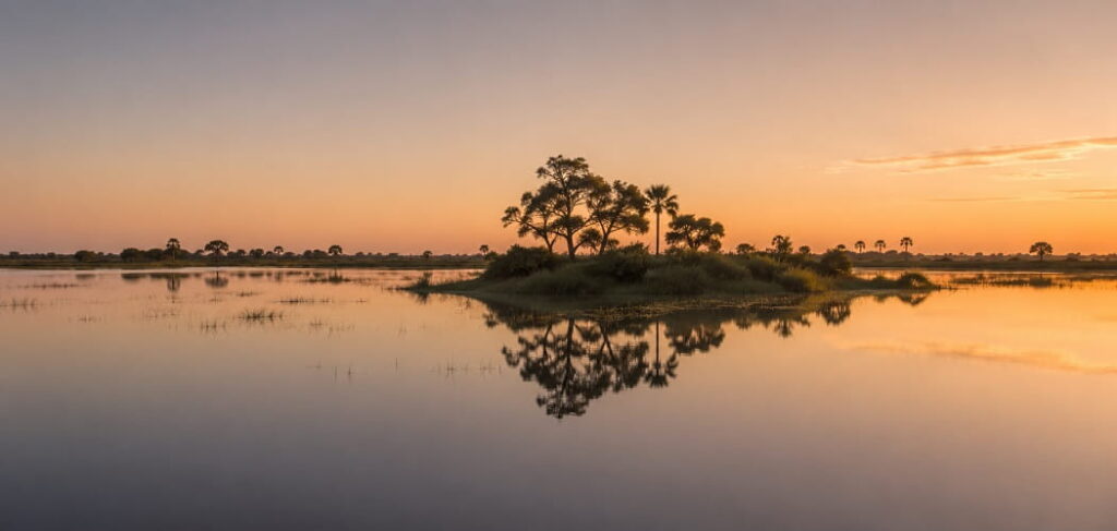 Golden hour in the Okavango Delta, Botswana.