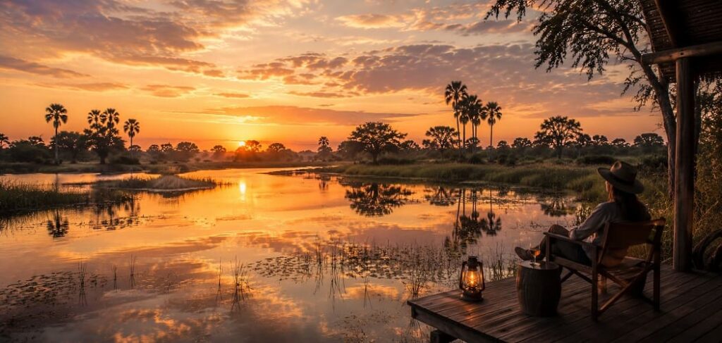 Okavango- Sunset serenity by the water.
