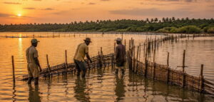 fishermen with traditional fish traps in Kosi Bay