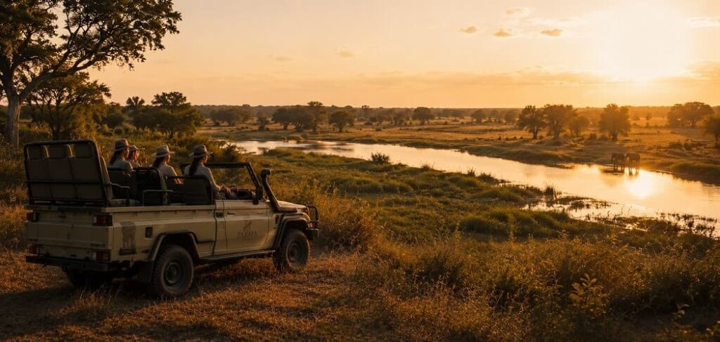 Golden hour safari with elephants and river