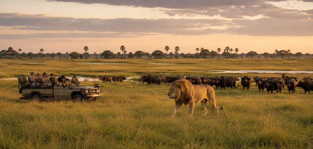 Golden hour safari with lion and buffalo
