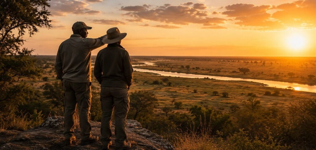 Guides gaze over a river and sunlit savanna