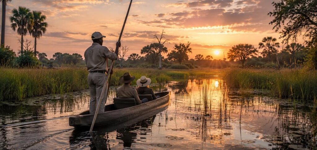Vumbura plains - Sunset canoe ride through tranquil wetlands
