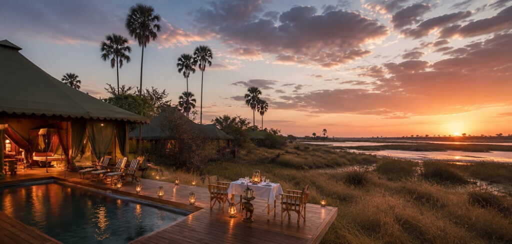 Safari camp at sunset by the water