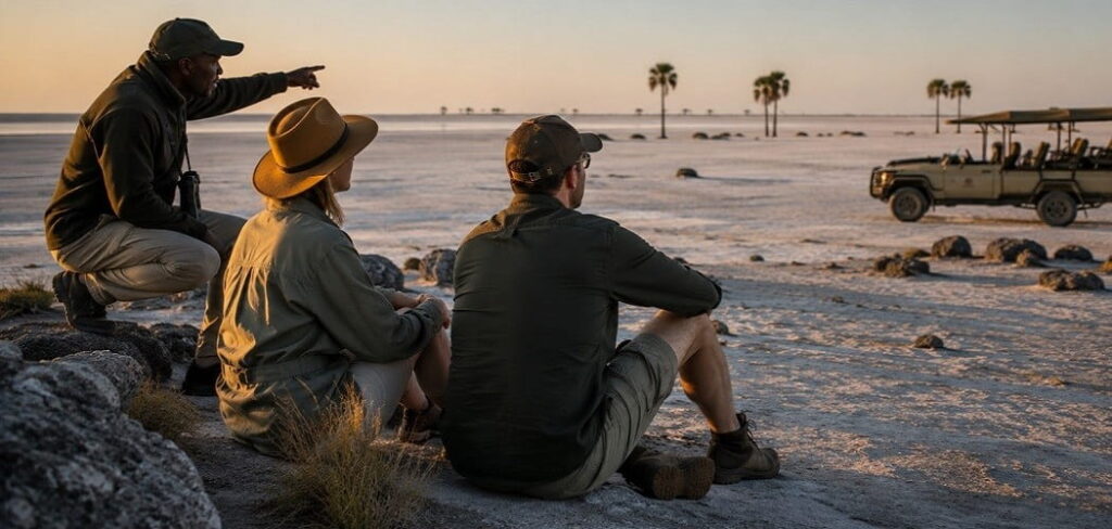 Safari exploration in the Kalahari salt flats