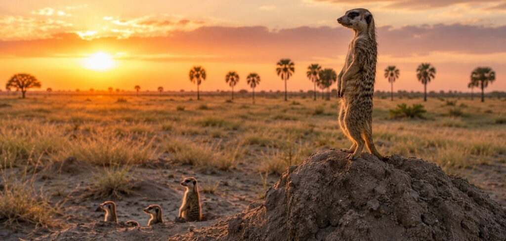 Meerkats at sunrise in the Kalahari