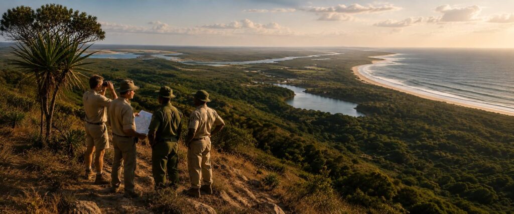 Maputaland Conservation History, 40 years later: Conservation officers standing, overlooking the Coast.