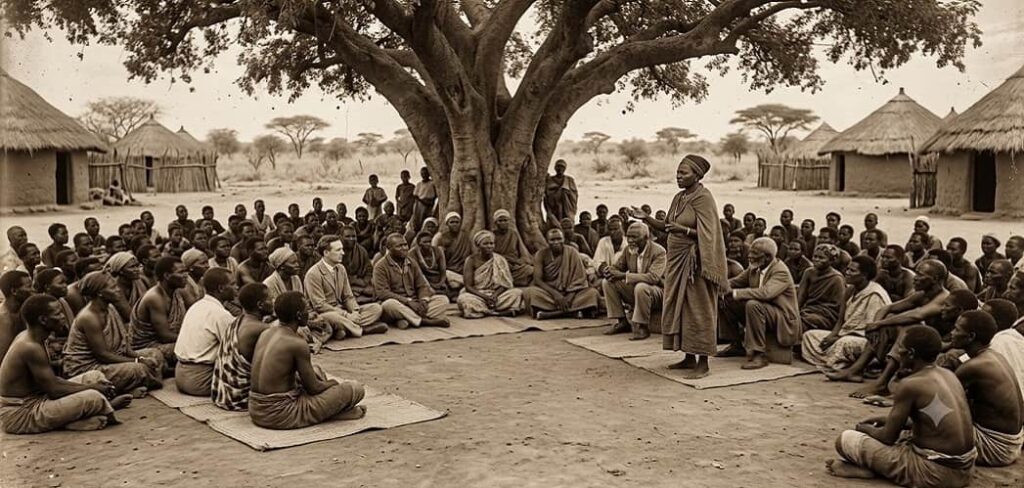 The Kgotla meeting lead by Regent Elizabeth Pulane Moremi.