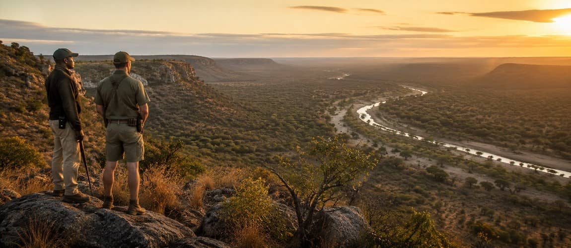 Two game wardens standing on a rock looking down at the river and the valley.