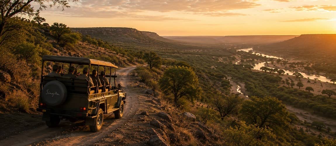 Game guiding in progress, as a party of people are lead out on Safari.