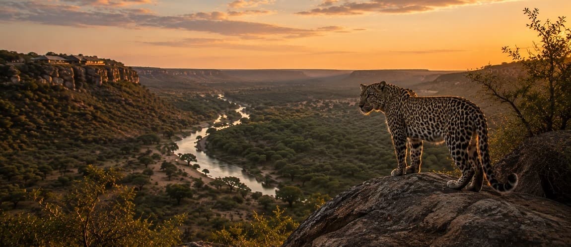 A wilderness experience at Singita Lebombo lodge. A leopard gazes over the valley from a high rock.